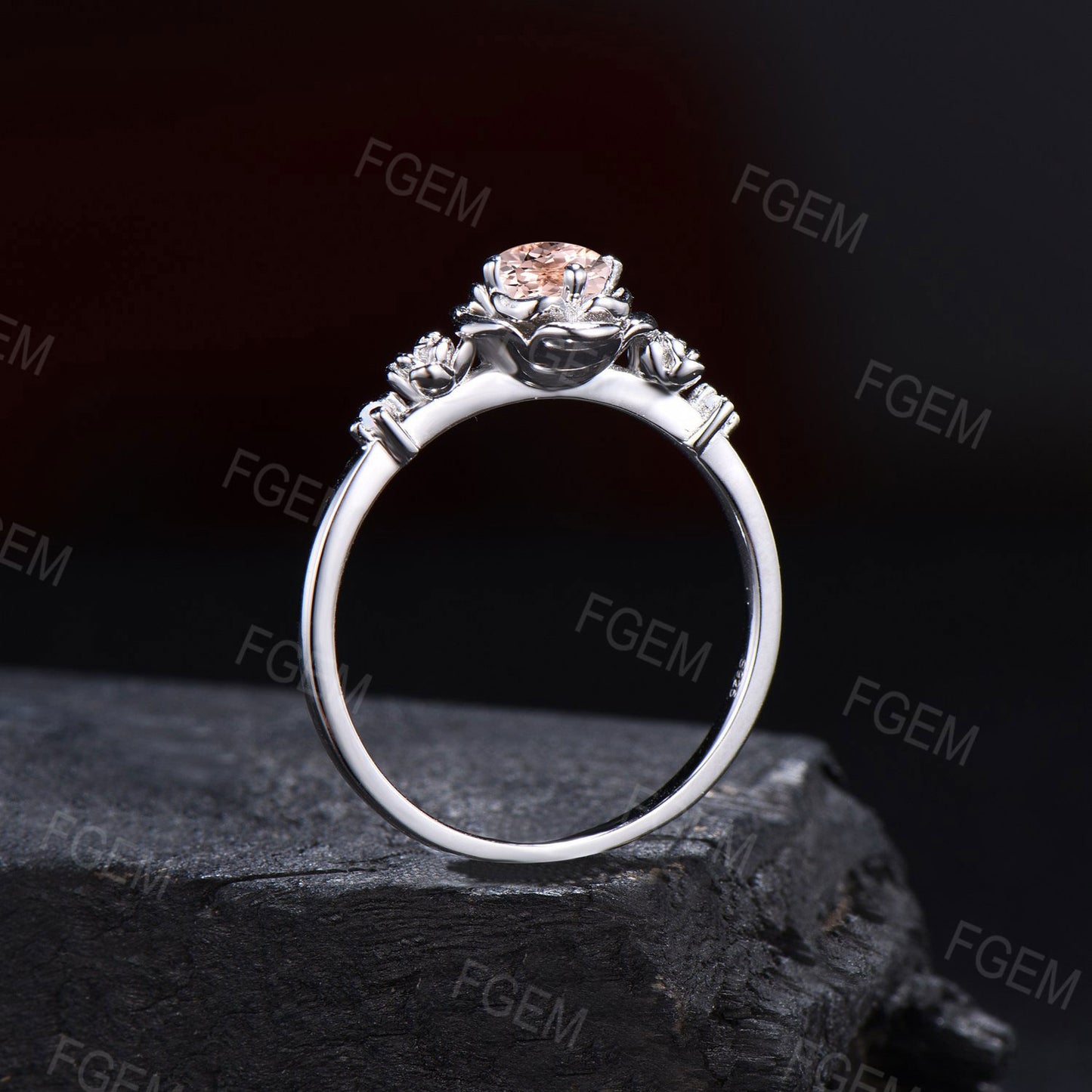 Rose Flower Engagement Ring 5mm Round Natural Peach Morganite Wedding Ring Rose Gold Floral Morganite Opal Ring Nature Inspired Promise Ring