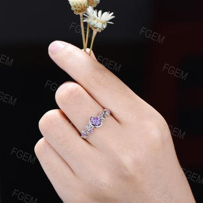 Nature Inspired Natural Amethyst Engagement Ring Moon Star Design Purple Crystal 5mm Round Amethyst Wedding Ring February Birthstone Gifts