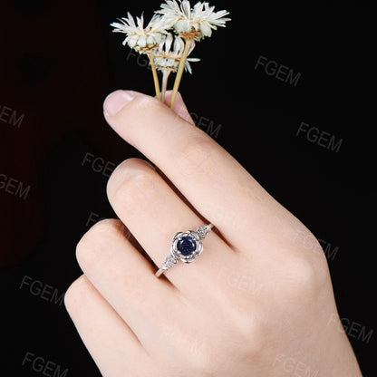 Floral Engagement Ring 5mm Round Galaxy Blue Sandstone Wedding Ring Solid White Gold Rose Flower Blue Goldstone Bridal Ring Proposal Gift