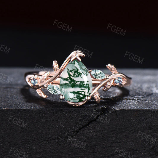 1.25ct Pear Nature Inspired Branch Green Moss Agate Wedding Ring 10K Rose Gold Cluster Moss Agate Alexandrite Ring Unique Anniversary Gifts