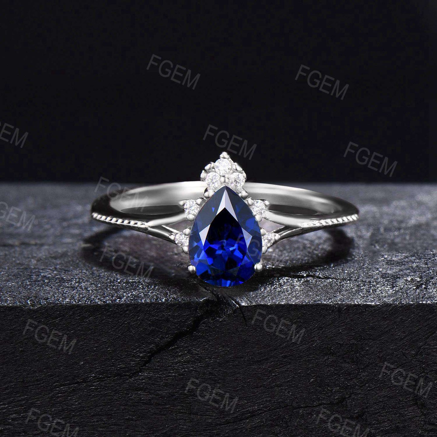 Nature Inspired Pear Blue Sapphire Ring Set Vintage Sapphire Milgrain Bridal Set Unique Leaf Band Natural London Blue Topaz Ring Women Gifts