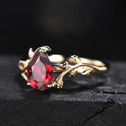 1.25ct Pear Shaped Ruby Gemstone Jewelry 14K Yellow Gold Twig Leaf Ruby Engagement Rings Anniversary Ring For Women July Birthstone Gift