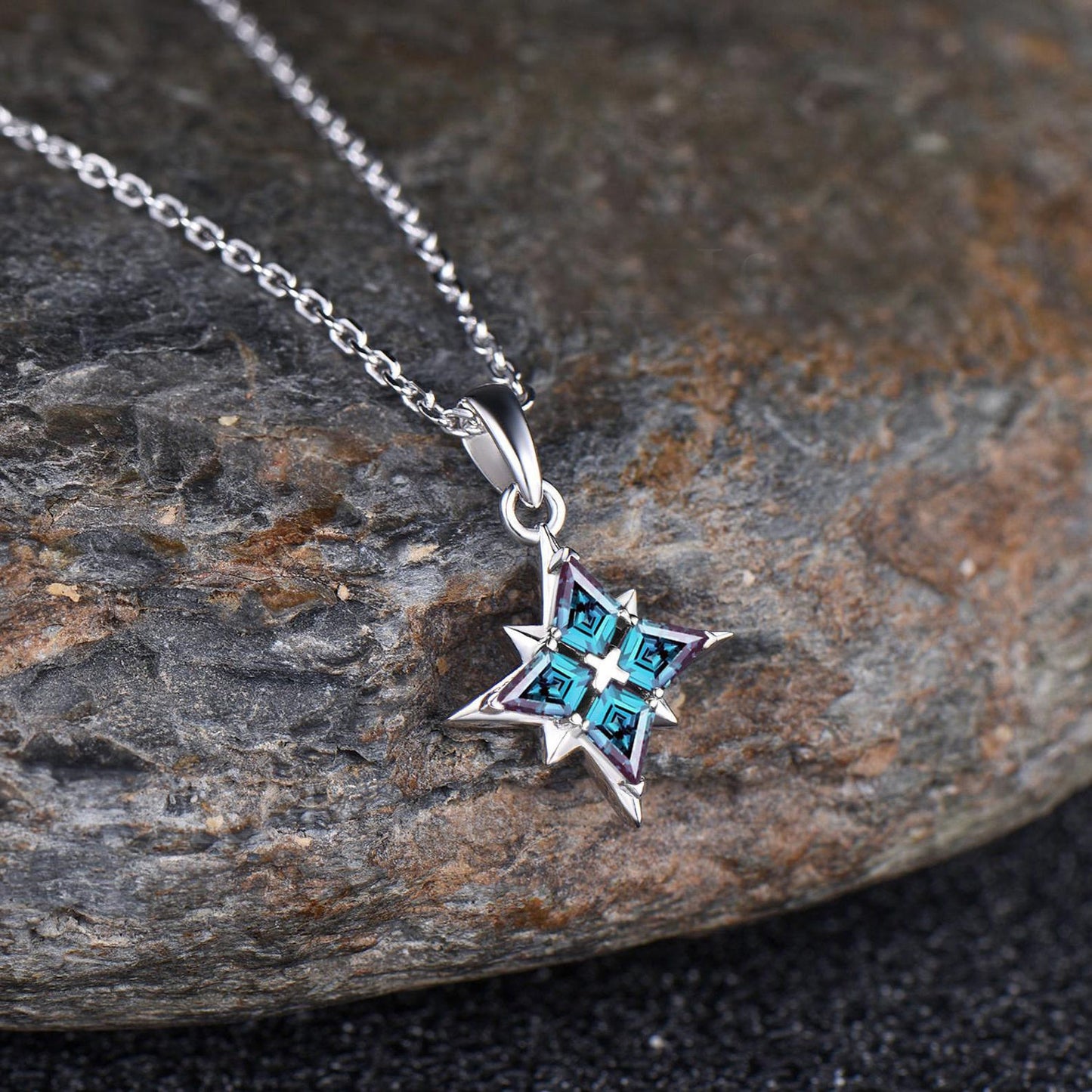Unique Kite Cut June Birthstone Alexandrite Necklace Dainty North Star Pendant Delicate Four Stone Celestial Necklace,Polaris Necklac