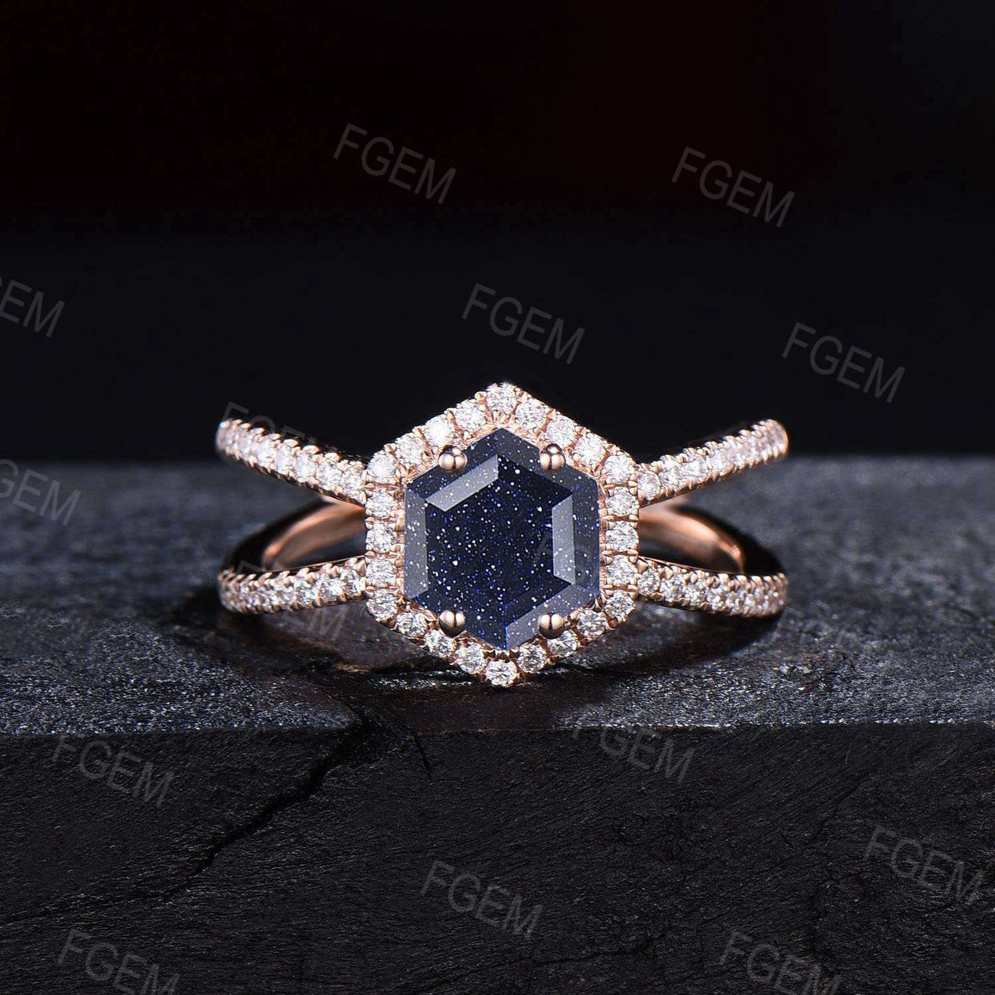 Antique Hexagon Blue Sandstone Halo Engagement Ring Unique Half Eternity Blue Goldstone Ring Split Moissanite Ring Women Gorgeous Gift Rings