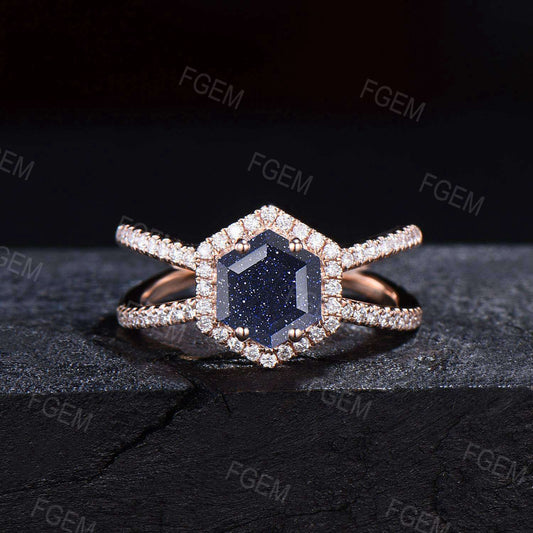 Antique Hexagon Blue Sandstone Halo Engagement Ring Unique Half Eternity Blue Goldstone Ring Split Moissanite Ring Women Gorgeous Gift Rings