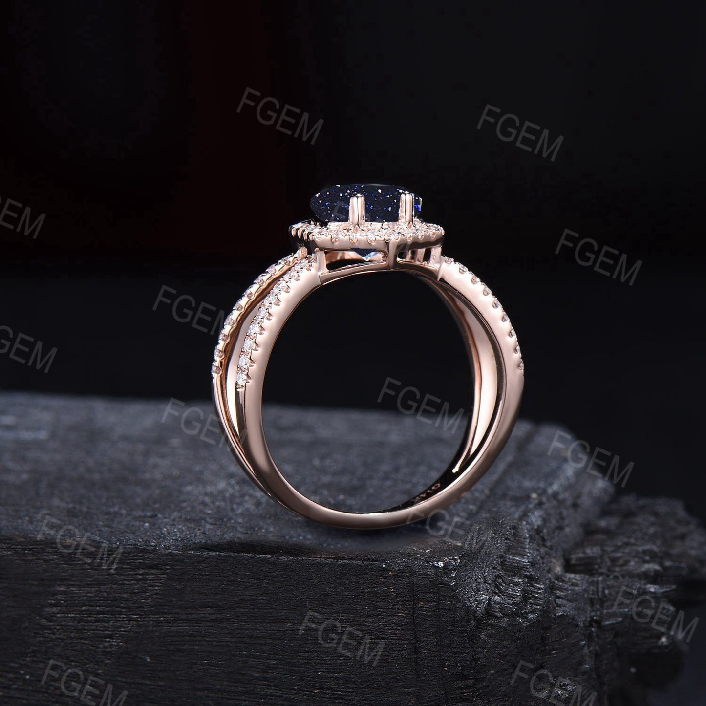Antique Hexagon Blue Sandstone Halo Engagement Ring Unique Half Eternity Blue Goldstone Ring Split Moissanite Ring Women Gorgeous Gift Rings