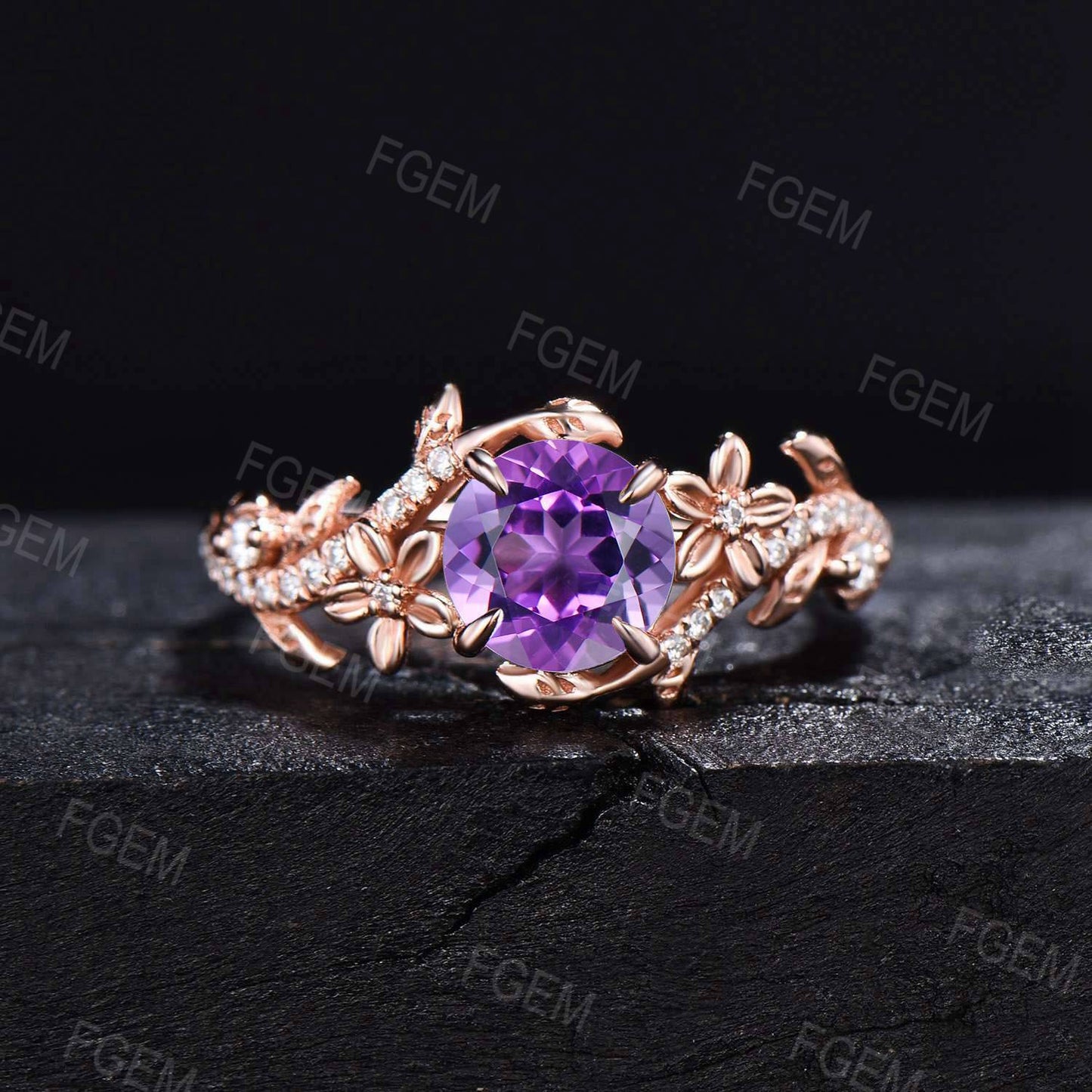 Flower Round Natural Amethyst Ring Set Nature Inspired Leaf Vine Amethyst Bridal Set February Birthstone Ring Marquise Moissanite Ring Gifts