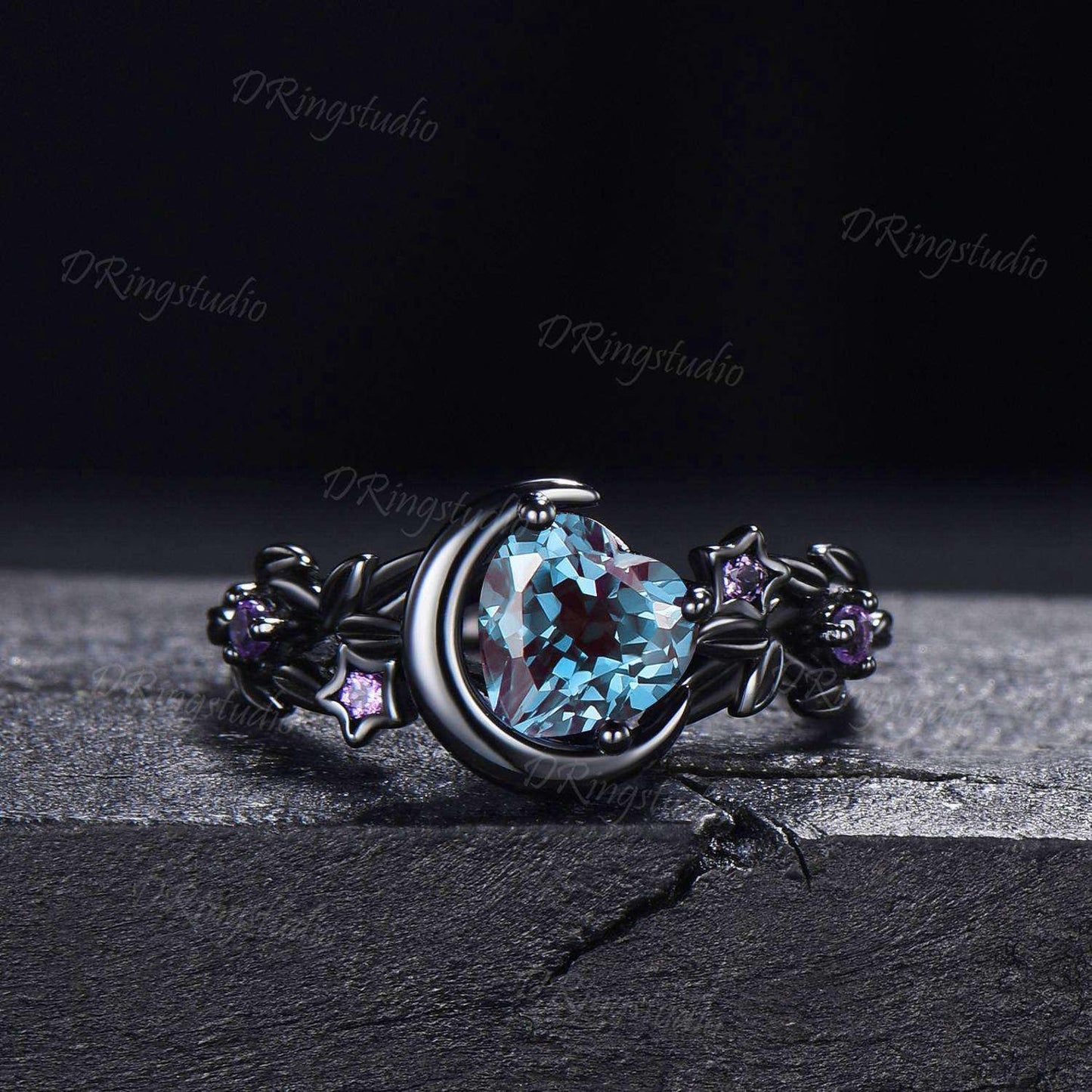 Heart Color Change Alexandrite Engagement Ring Set Moon Star Celestial Black Twig Branch Amethyst Wedding Ring June Birthstone Proposal Gift
