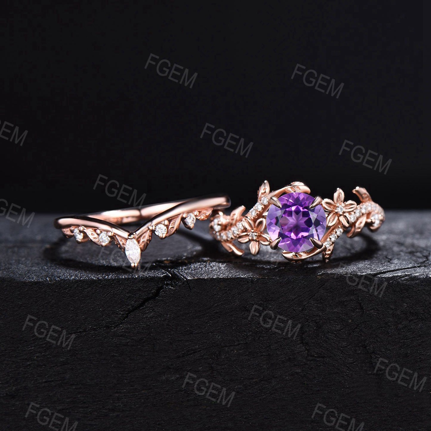 Flower Round Natural Amethyst Ring Set Nature Inspired Leaf Vine Amethyst Bridal Set February Birthstone Ring Marquise Moissanite Ring Gifts