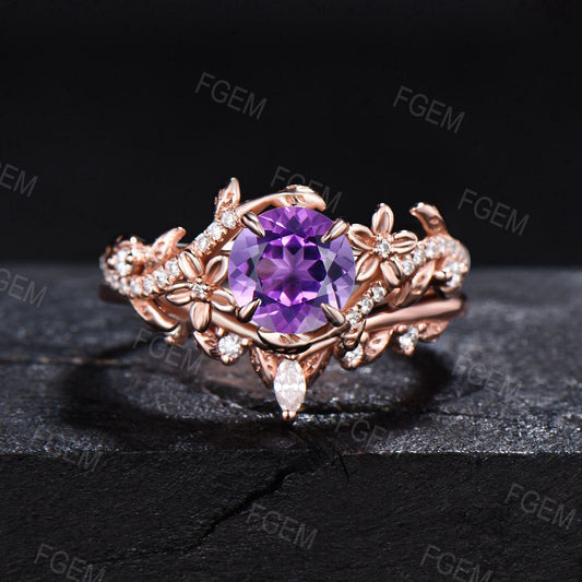 Flower Round Natural Amethyst Ring Set Nature Inspired Leaf Vine Amethyst Bridal Set February Birthstone Ring Marquise Moissanite Ring Gifts