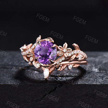 Flower Round Natural Amethyst Ring Set Nature Inspired Leaf Vine Amethyst Bridal Set February Birthstone Ring Marquise Moissanite Ring Gifts