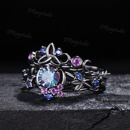 Unique Fireworks Cut Alexandrite Engagement Ring Set Moon Leaf Design Black Gold Amethyst Cluster Wedding Rings Alternative Bridal Gift