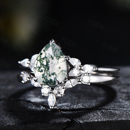 1.25ct Pear Shaped Natural Moss Agate Engagement Rings Sterling Silver Moss Wedding Promise Ring Healing Gemstone Unique Anniversary Gifts