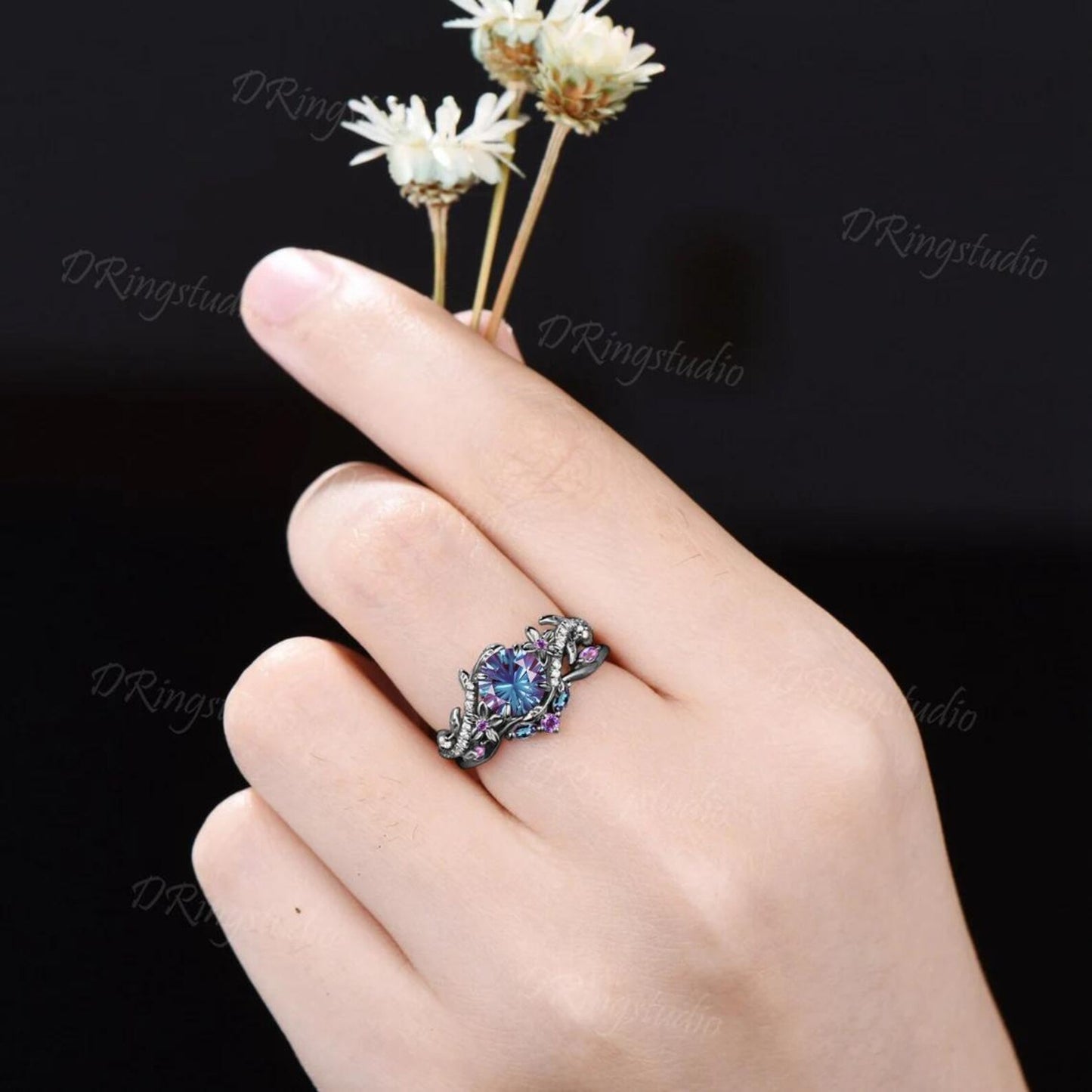 Round Fireworks Cut Color-Change Alexandrite Ring Set Black Gold Leaf Vine Moissanite Amethyst Bridal Set Floral Nature Inspired Ring Gifts
