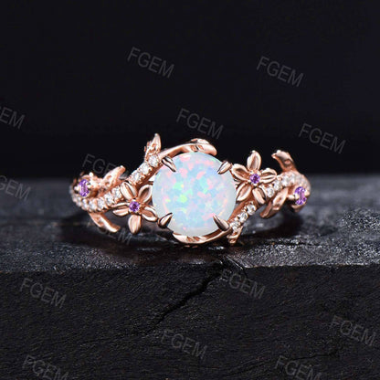 Vintage Flower Opal Ring Set Nature Inspired Branch Leaf Moissanite Ring Marquise Amethyst Bridal Set October Birthstone Ring Proposal Gifts