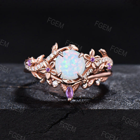 Vintage Flower Opal Ring Set Nature Inspired Branch Leaf Moissanite Ring Marquise Amethyst Bridal Set October Birthstone Ring Proposal Gifts