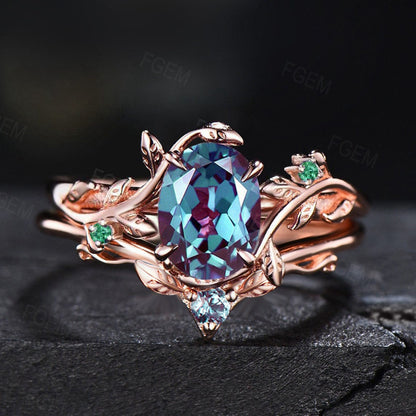 Branch Nature Alexandrite Ring Set 1.5ct Oval Cut Color-Change Alexandrite Engagement Ring June Birthstone Wedding Ring Twig Leaf Bridal Set