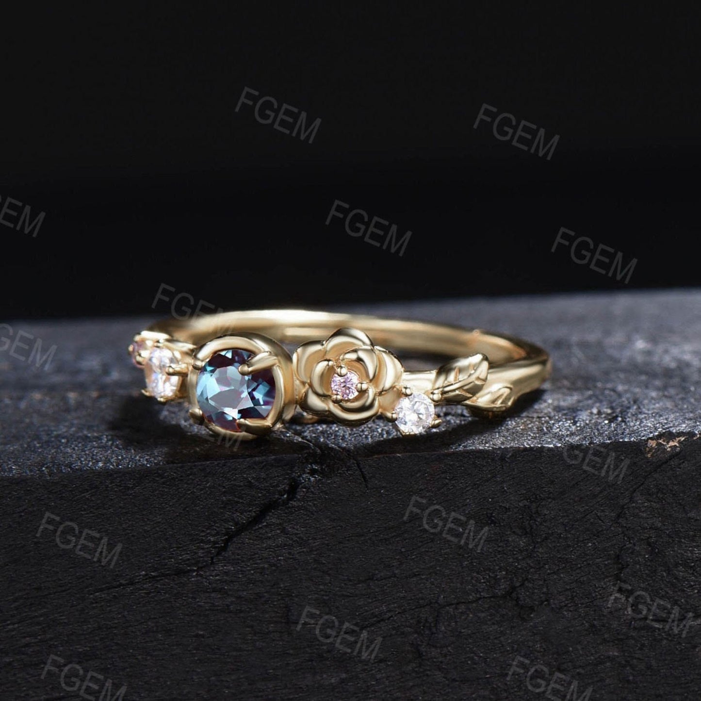 Unique Dainty Bezel Set Alexandrite Rose Flower Promise Ring 10K Gold Moissanite Leaf Band July Birthstone Minimalist Floral Wedding Ring