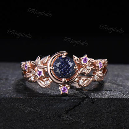 Galaxy Round Blue Sandstone Engagement Ring Crescent Moon Star Amethyst Ring Black Gold Leaf Alexandrite Wedding Ring Set Proposal Gift