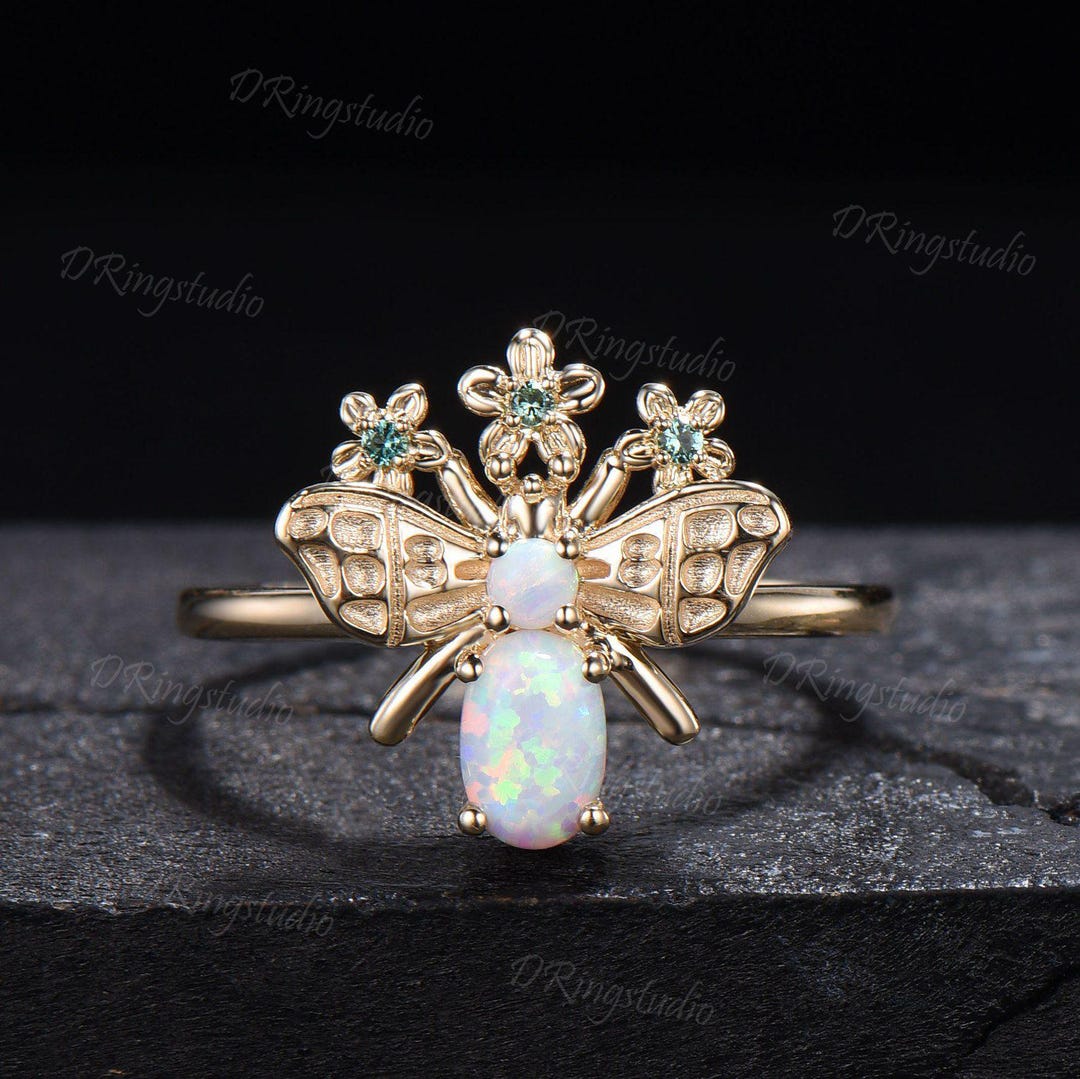 Oval White Opal Ring Handcrafted Honey Bee Opal Wedding Ring Green Emerald Floral Jewelry Women Personalized Anniversary Promise Ring Gifts