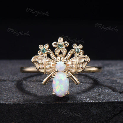 Oval White Opal Ring Handcrafted Honey Bee Opal Wedding Ring Green Emerald Floral Jewelry Women Personalized Anniversary Promise Ring Gifts