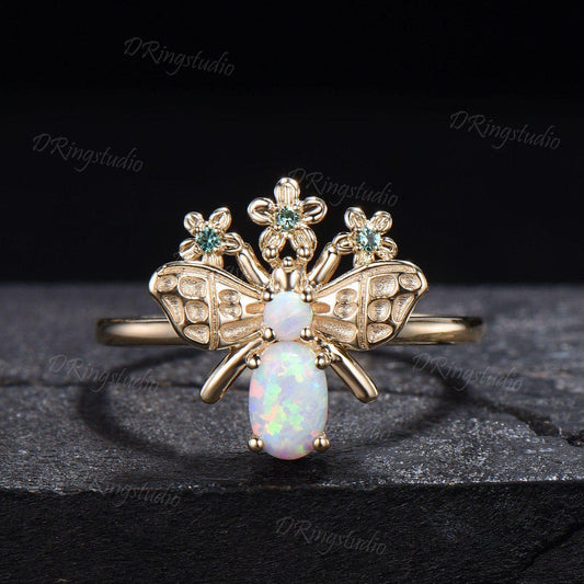 Oval White Opal Ring Handcrafted Honey Bee Opal Wedding Ring Green Emerald Floral Jewelry Women Personalized Anniversary Promise Ring Gifts