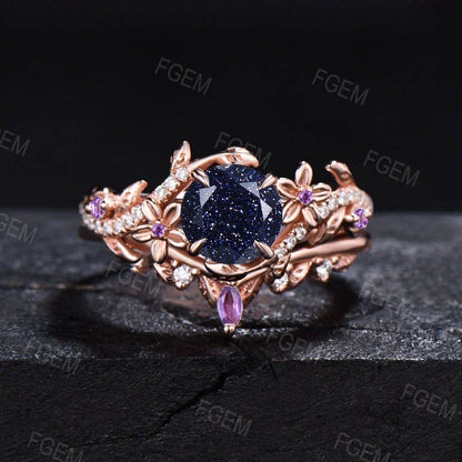 1ct Round Galaxy Blue Sandstone Ring Set Vintage Leaf Band Amethyst Bypass Bridal Set Floral Moissanite Ring Sky Goldstone Ring Women Gifts