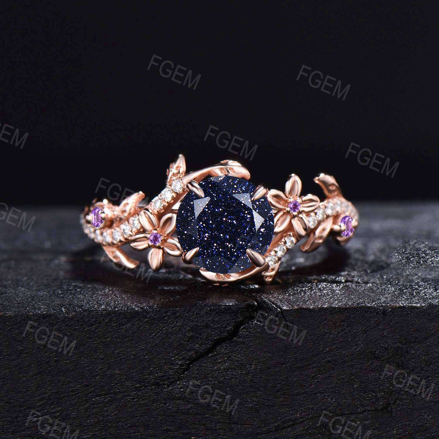 1ct Round Galaxy Blue Sandstone Ring Set Vintage Leaf Band Amethyst Bypass Bridal Set Floral Moissanite Ring Sky Goldstone Ring Women Gifts