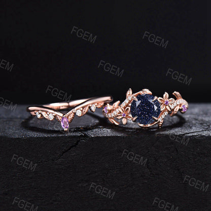 1ct Round Galaxy Blue Sandstone Ring Set Vintage Leaf Band Amethyst Bypass Bridal Set Floral Moissanite Ring Sky Goldstone Ring Women Gifts