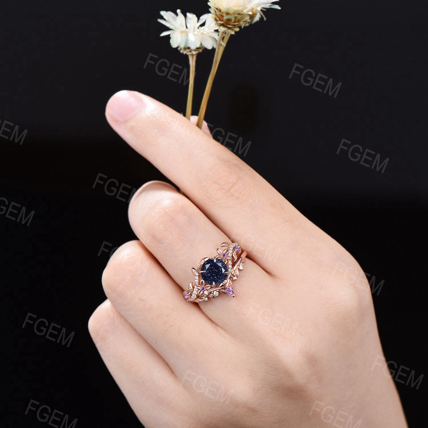 1ct Round Galaxy Blue Sandstone Ring Set Vintage Leaf Band Amethyst Bypass Bridal Set Floral Moissanite Ring Sky Goldstone Ring Women Gifts