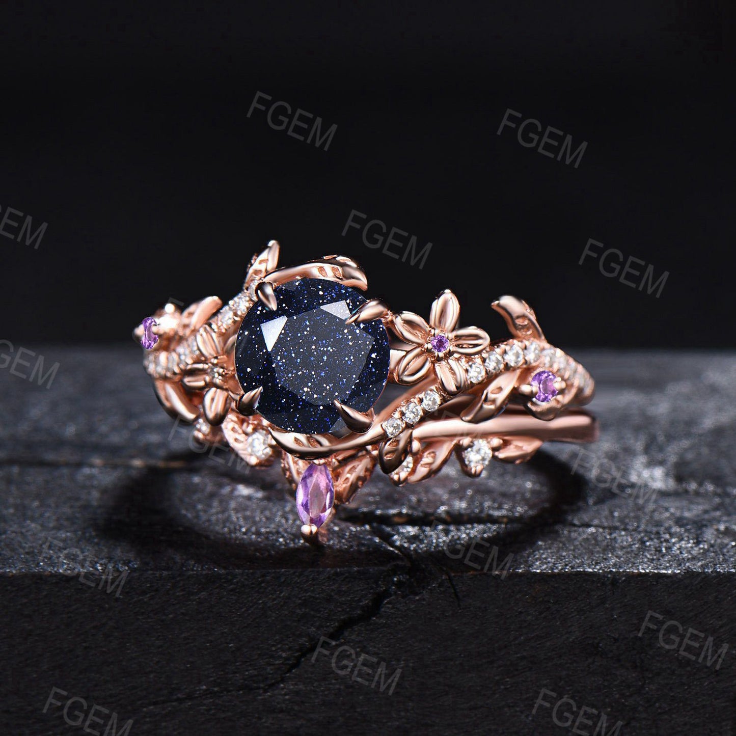 1ct Round Galaxy Blue Sandstone Ring Set Vintage Leaf Band Amethyst Bypass Bridal Set Floral Moissanite Ring Sky Goldstone Ring Women Gifts