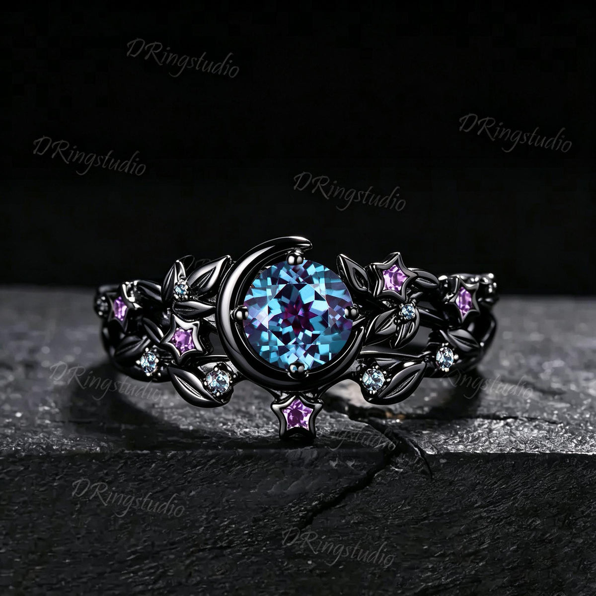Gothic Black Vine Alexandrite Engagement Ring Celestial Moon Round Alexandrite Wedding Ring Set Black Gold Twig Ring Proposal Gift for Women