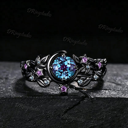 Gothic Black Vine Alexandrite Engagement Ring Celestial Moon Round Alexandrite Wedding Ring Set Black Gold Twig Ring Proposal Gift for Women