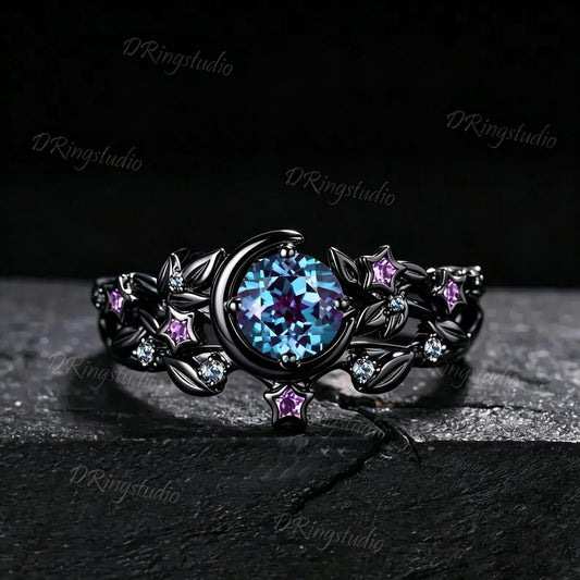 Gothic Black Vine Alexandrite Engagement Ring Celestial Moon Round Alexandrite Wedding Ring Set Black Gold Twig Ring Proposal Gift for Women