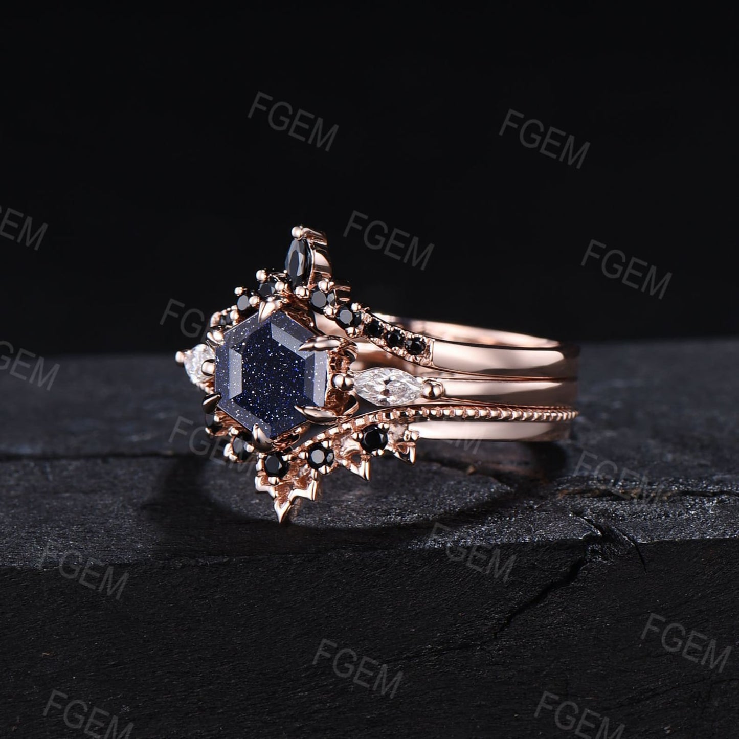 3PCS Hexagon Cut Blue Sandstone Ring Set Rose Gold Silver Galaxy Starry Sky Ring Black Gem Wedding Band Promise Gift Outer Space Nebula Ring