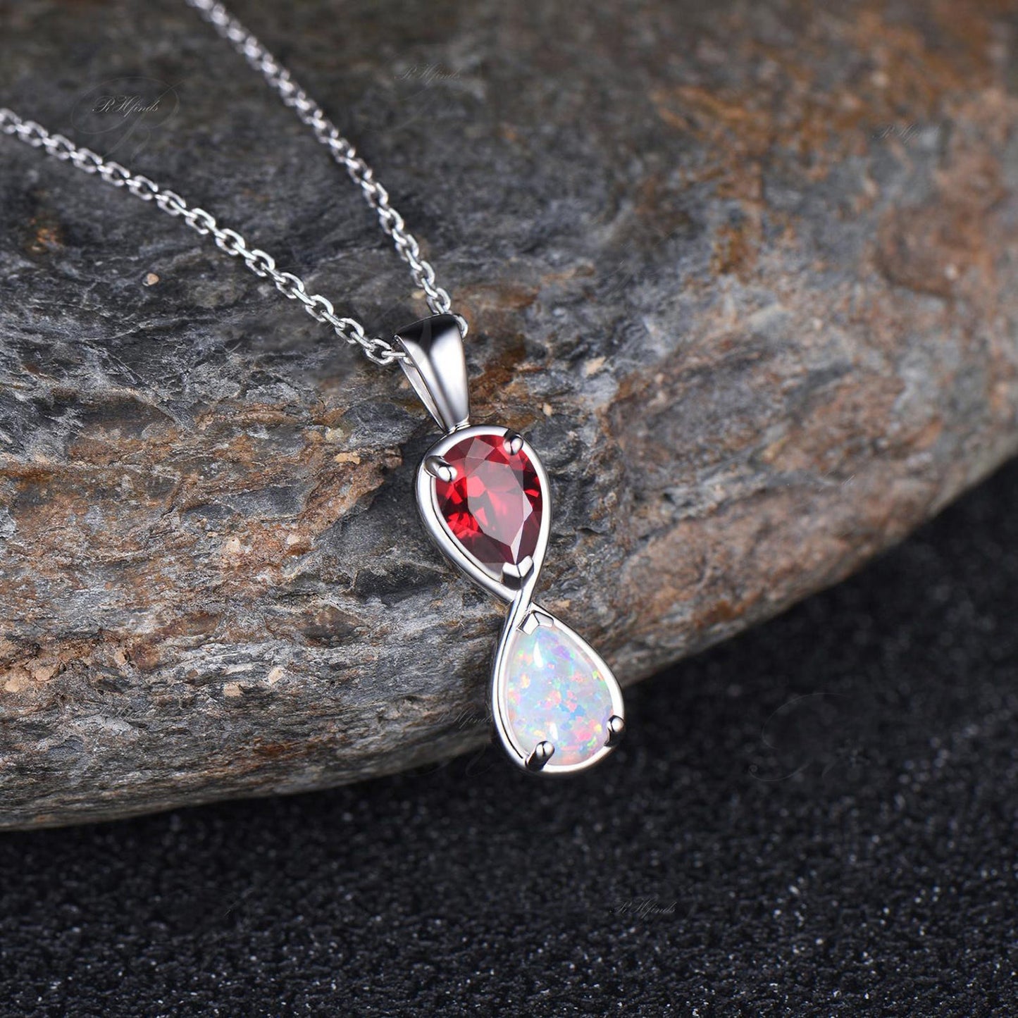 Unique Pear Cut Ruby Opal Necklace Art Deco 14k White Gold Two Stone Pendant Minimalist July Birthstone Necklace Anniversary Gift For Women