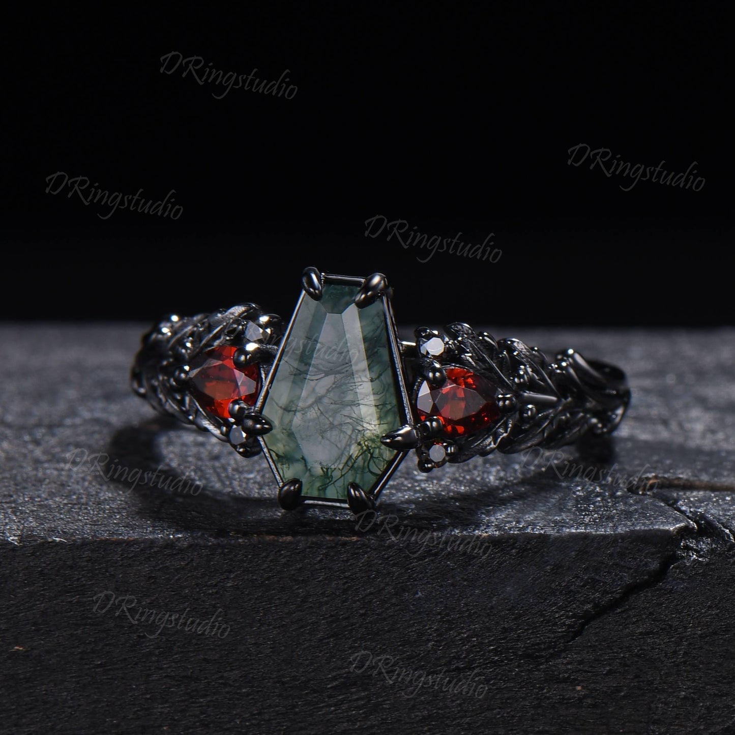 14K Black Gold Coffin Cut Natural Moss Agate Garnet Engagement Ring for Her Gothic Oak Leaf Inspired Cluster Promise Ring Proposal Gift