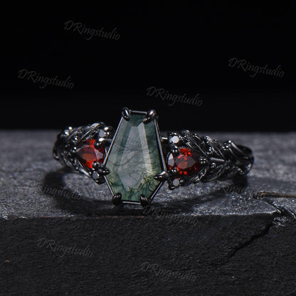 14K Black Gold Coffin Cut Natural Moss Agate Garnet Engagement Ring for Her Gothic Oak Leaf Inspired Cluster Promise Ring Proposal Gift