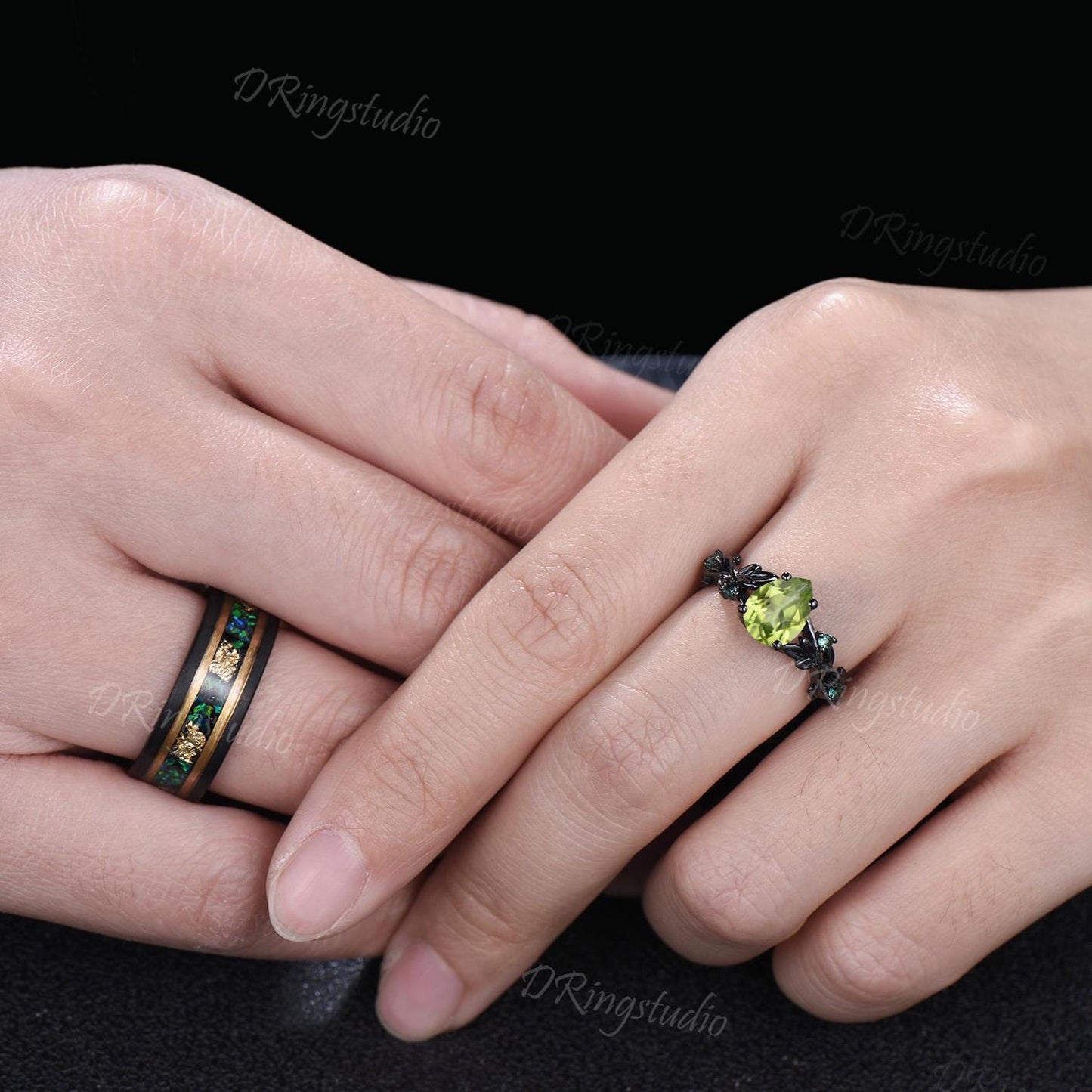 2pcs Pear Peridot Emerald Couple Rings Set Nature Inspired Black Gold Wedding Ring Tungsten Ring His and Hers Wedding Band Anniversary Gift