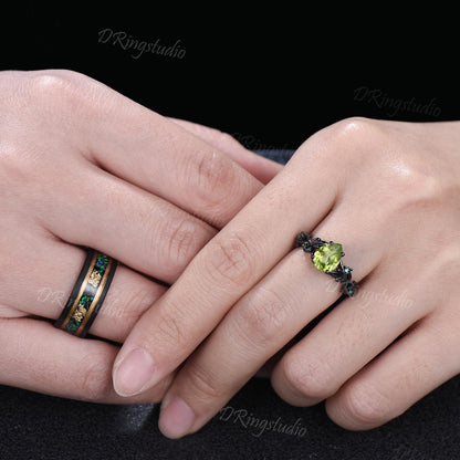 2pcs Pear Peridot Emerald Couple Rings Set Nature Inspired Black Gold Wedding Ring Tungsten Ring His and Hers Wedding Band Anniversary Gift