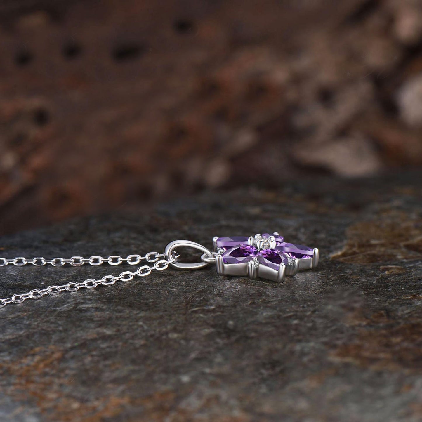 Minimalist Pear Cut Natural Amethyst Cherry Necklace Unique Flower Pendant Delicate February Birthstone Purple Crystal Necklace