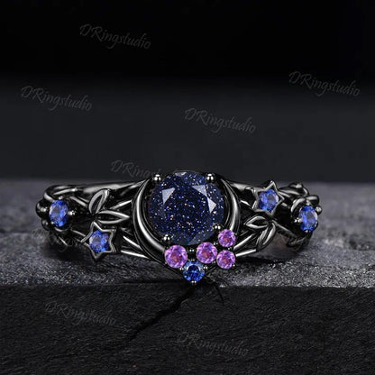 Blue Sandstone Moon Engagement Ring Set Gothic Black Gold Amethyst Sapphire Stacking Ring Nature Inspired Celtic knot Starry Promise Ring