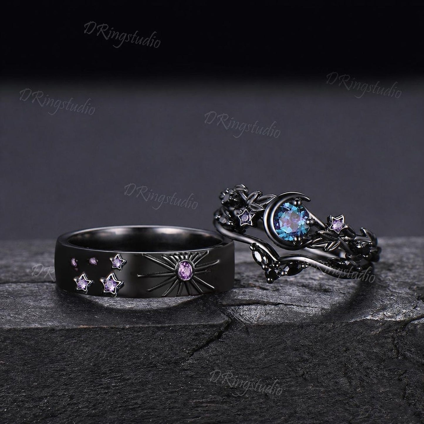 Round Color-Change Alexandrite Sun And Moon Couple Ring Set Celestial Black Gold Amethyst Matching Rings Sun & Moon Wedding Ring for Couples