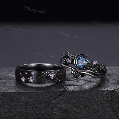 Round Color-Change Alexandrite Sun And Moon Couple Ring Set Celestial Black Gold Amethyst Matching Rings Sun & Moon Wedding Ring for Couples