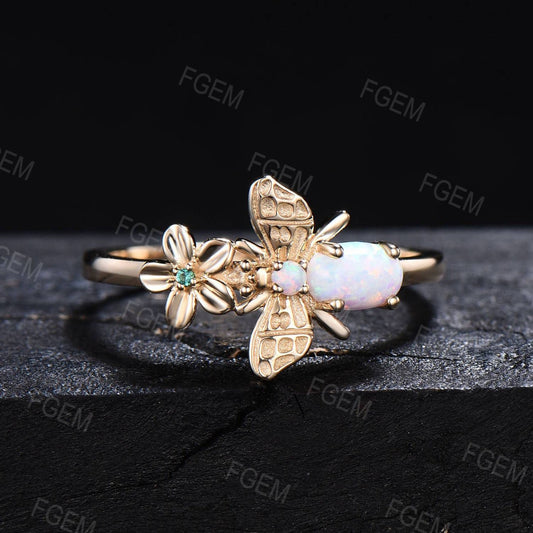 Honey Bee Opal Wedding Ring 18K Solid Gold Tiny Bee Ring Personalized Queen Bee Floral Green Emerald Personalized Anniversary Promise Rings