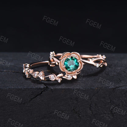 Rose Flower Green Emerald Engagement Ring Set Round Emerald Diamond Wedding Ring Nature Inspired Floral Ring Leaf Emerald Ring Promise Gifts for Women
