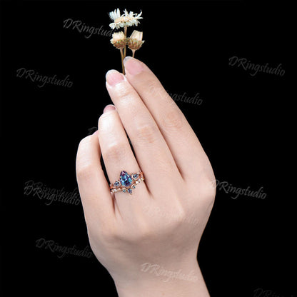 14k Rose Gold Teardrop Alexandrite Engagement Ring Unique Moon Star Wedding Ring Set Moon Leaf Bridal Ring Set June Birthstone Proposal Gift