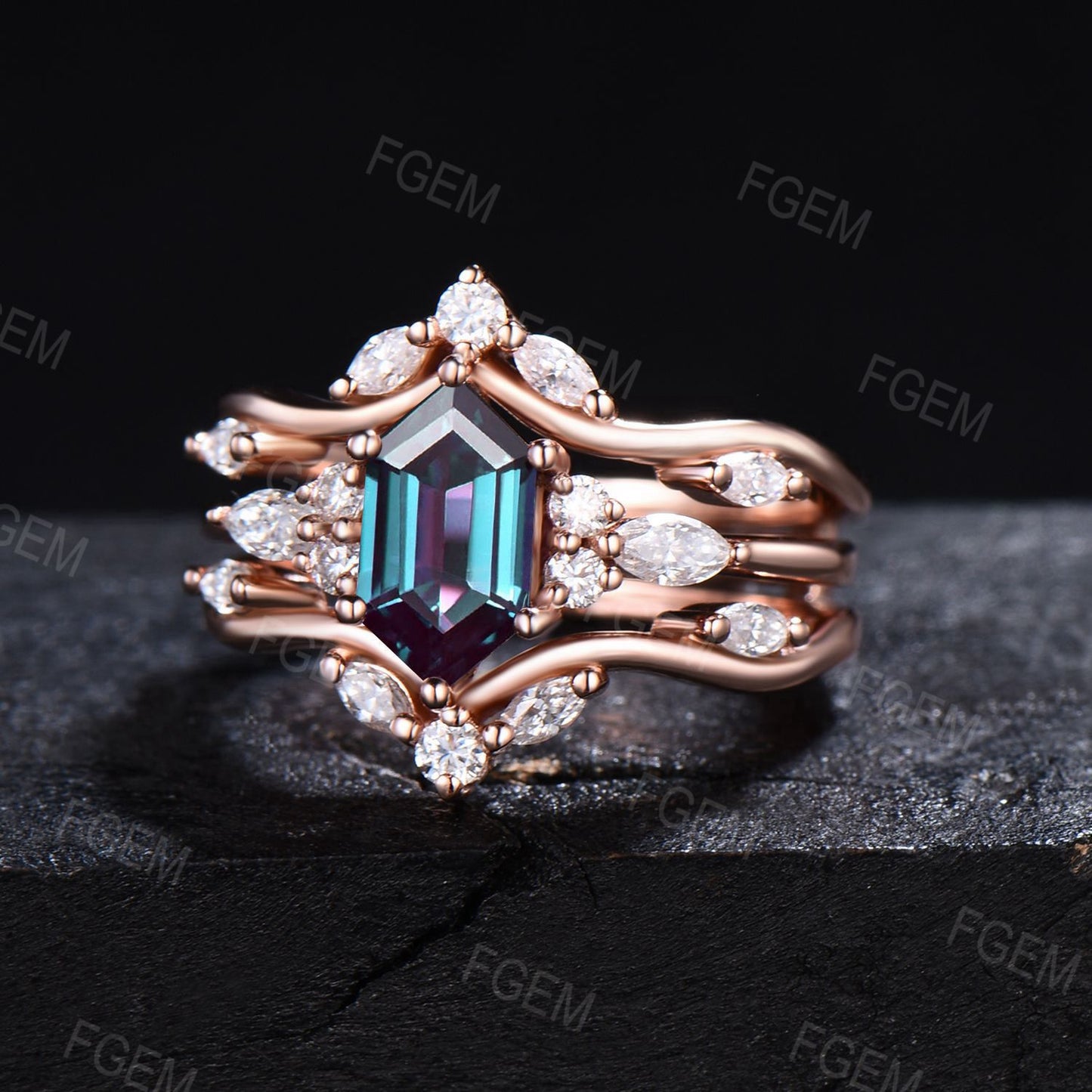 Long Hexagon Alexandrite Engagement Ring Set 14k Rose Gold Enhancer Unique Bridal Set Double Curved Moissanite Wedding Ring Anniversary Gift