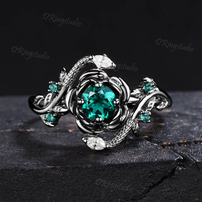 Gold Snake Ring 5mm Round Emerald Engagement Ring Nature Style Twig Leaf Emerald Moissanite Serpent Wedding Ring May Birthstone Women Gifts