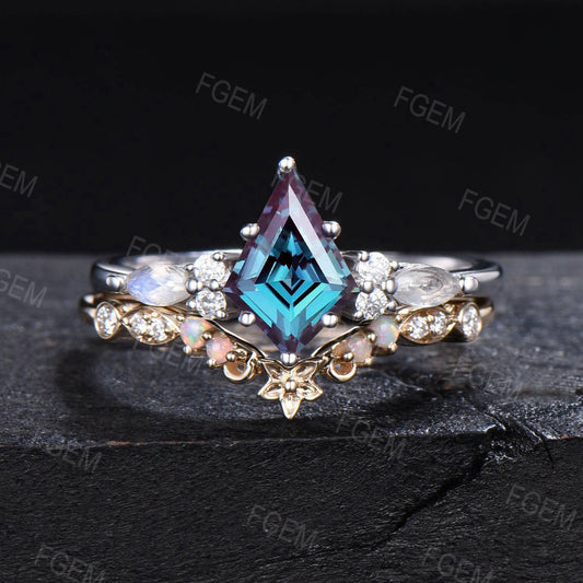 Unique June Birthstone Wedding Ring Vintage 14K Rose Gold Kite Alexandrite Moonstone Flower Bridal Ring Set Anniversary Promise Gifts